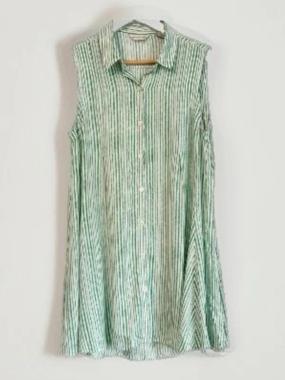 Anthropologie 11-1 Tylho Green White Stripe Tunic Button Up Top Small Oversized